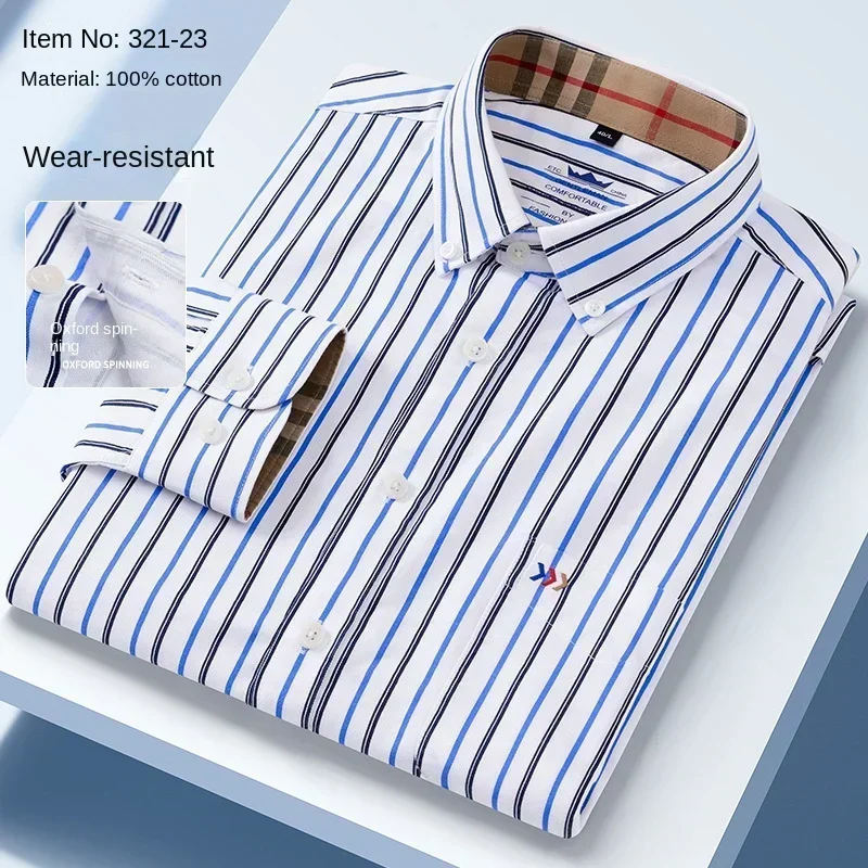 Camisa Oxford de dos colores para hombre, camisa de manga larga bordada, informal, blanca, sin bolsillos, 100% algodón