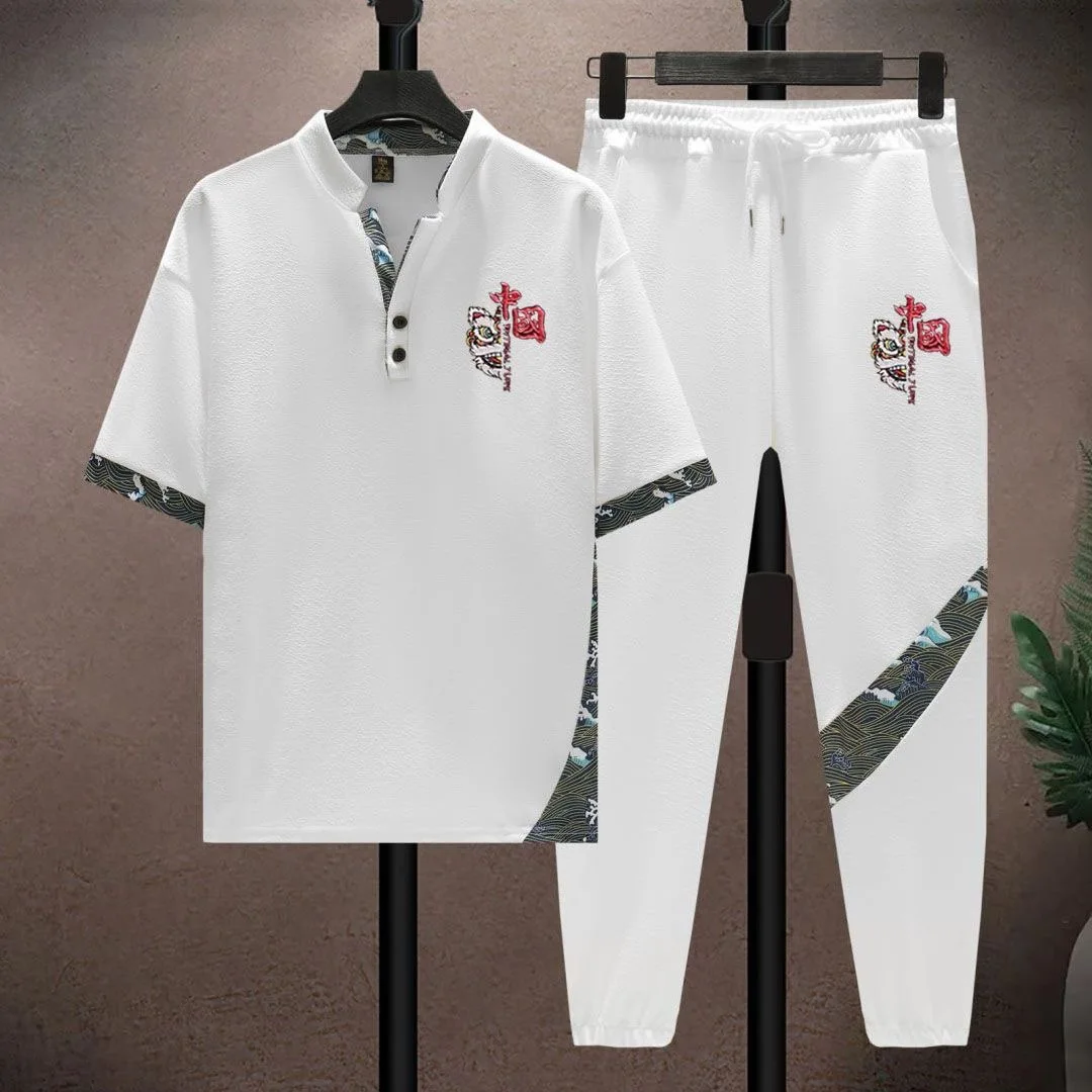 Summer New Fashion Trend Printed Sports Fitness Short Sleeve Suit Men Loose Breathable Large Size High Quality Two-Piece Set