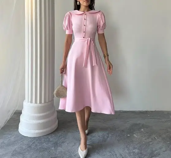 

2025 Autumn New Solid Color Short Sleeve Multi Button Strap Casual Dress