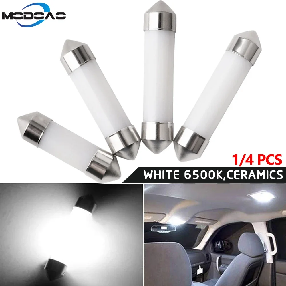 4 Pcs Universal Fitment Atmosphere Lamp Double Ended in White Color, COB Ceramic Lamp for Dome Reading Map Light of Car Interior