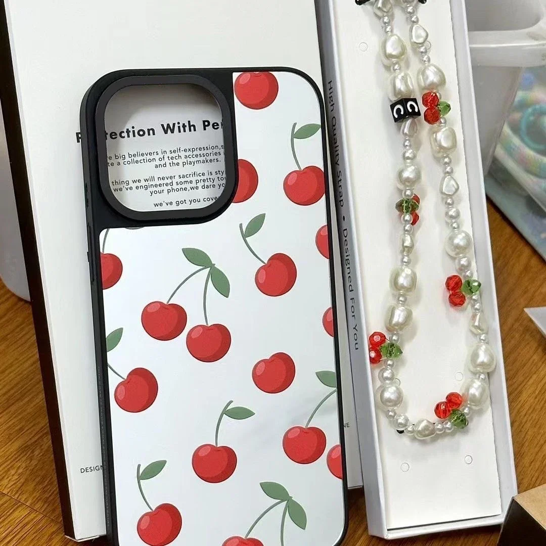 

Cherry Chain Lanyard Mirror Magnetic Phone Case Cover for IPhone 11 12 13 14 15 16 Pro Max Case for IPhone 16 Pro Max