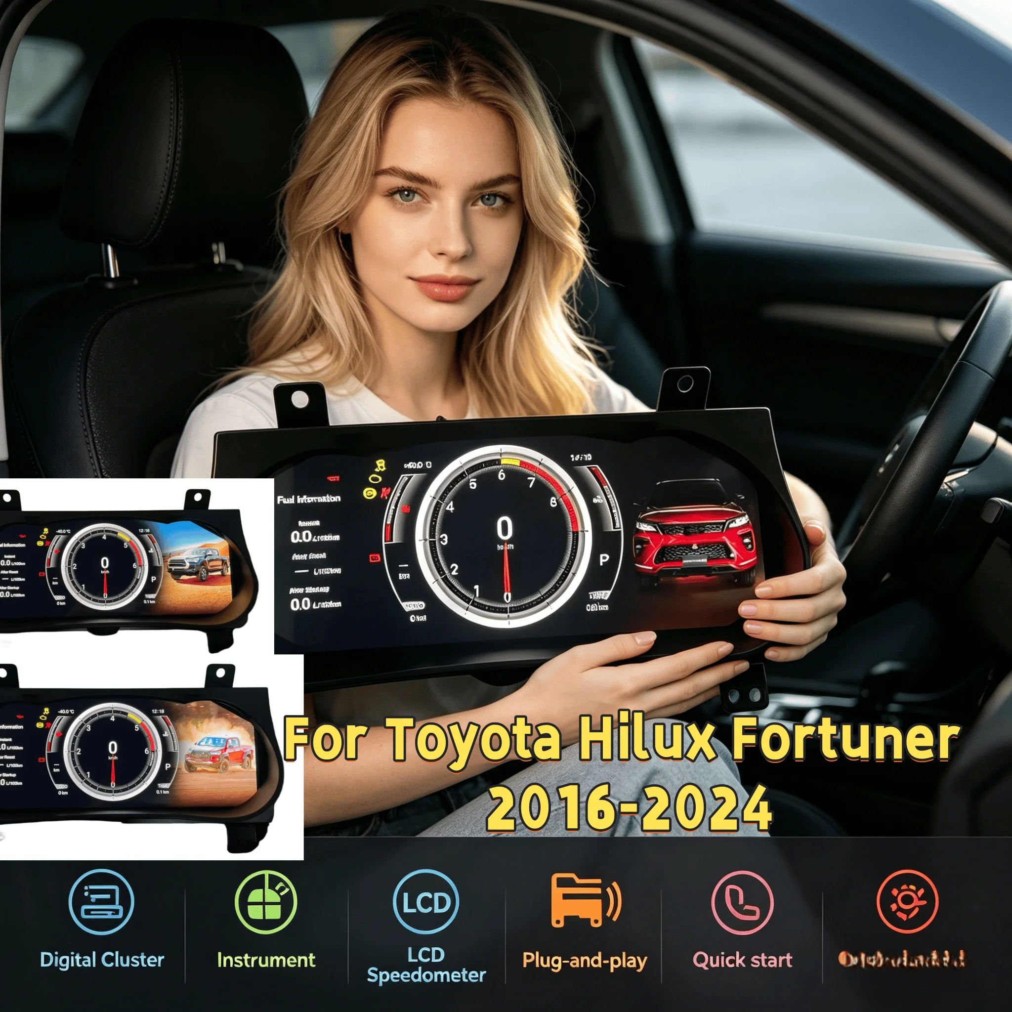 Panel de Instrumentos Digital para Toyota Hilux Fortuner 2016-2024, Velocímetro Virtual, Pantalla LCD, Tablero de Instrumentos, Velocímetro de 12.3 Pulgadas