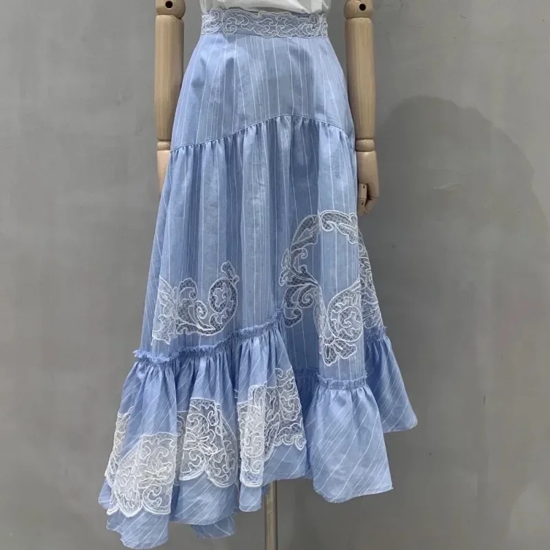 

Early Spring 2024 High Quality Poplin Cotton Vintage Blue Lace Patchwork Woman Skirt