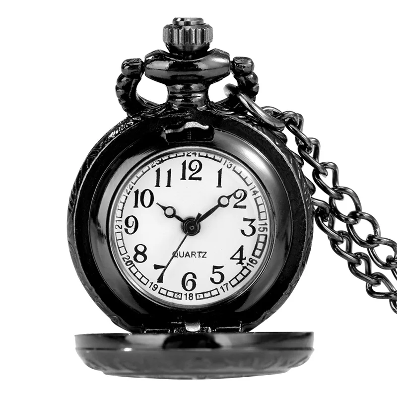 Exquisite Black Hollow Flower Pocket Watch Men Women Quartz Movement Watches with Necklace Chain Arabic Number Mini Clock