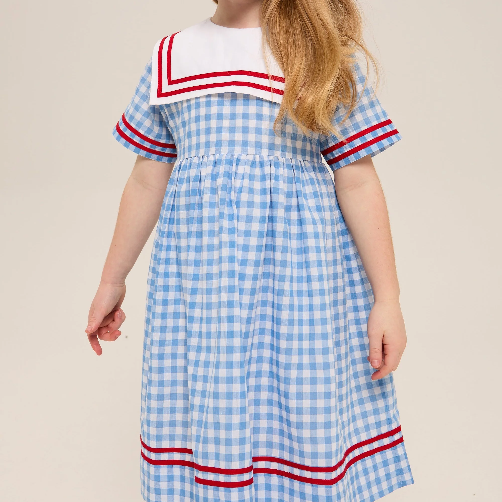 

Spring Summer Style Gingham Sailor Collar Girl Kids Dress Red Ribbon Trim Design Boutique Children Girls Casual Dresses