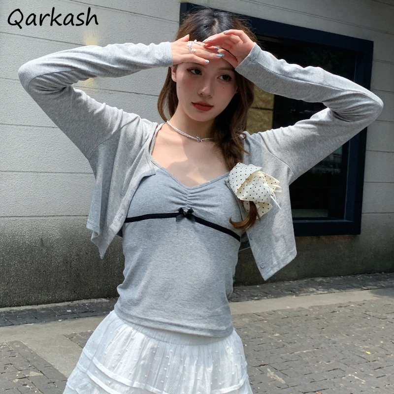 

Women Two Pieces Sets Summer Slim Bow Design Camis Tender Soft Cropped Cardigan Hotsweet Fashion Casual Sexy Y2k Girls Ulzzang