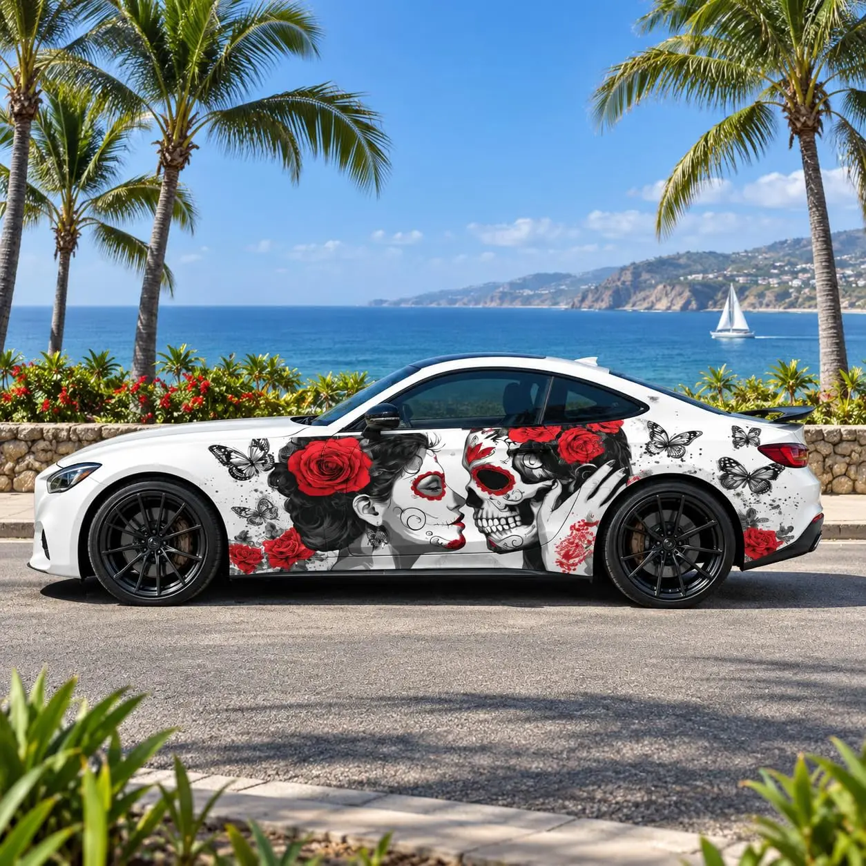 Sugar Skull Car Body Wrap Decal, Day of the Dead Rose Design
