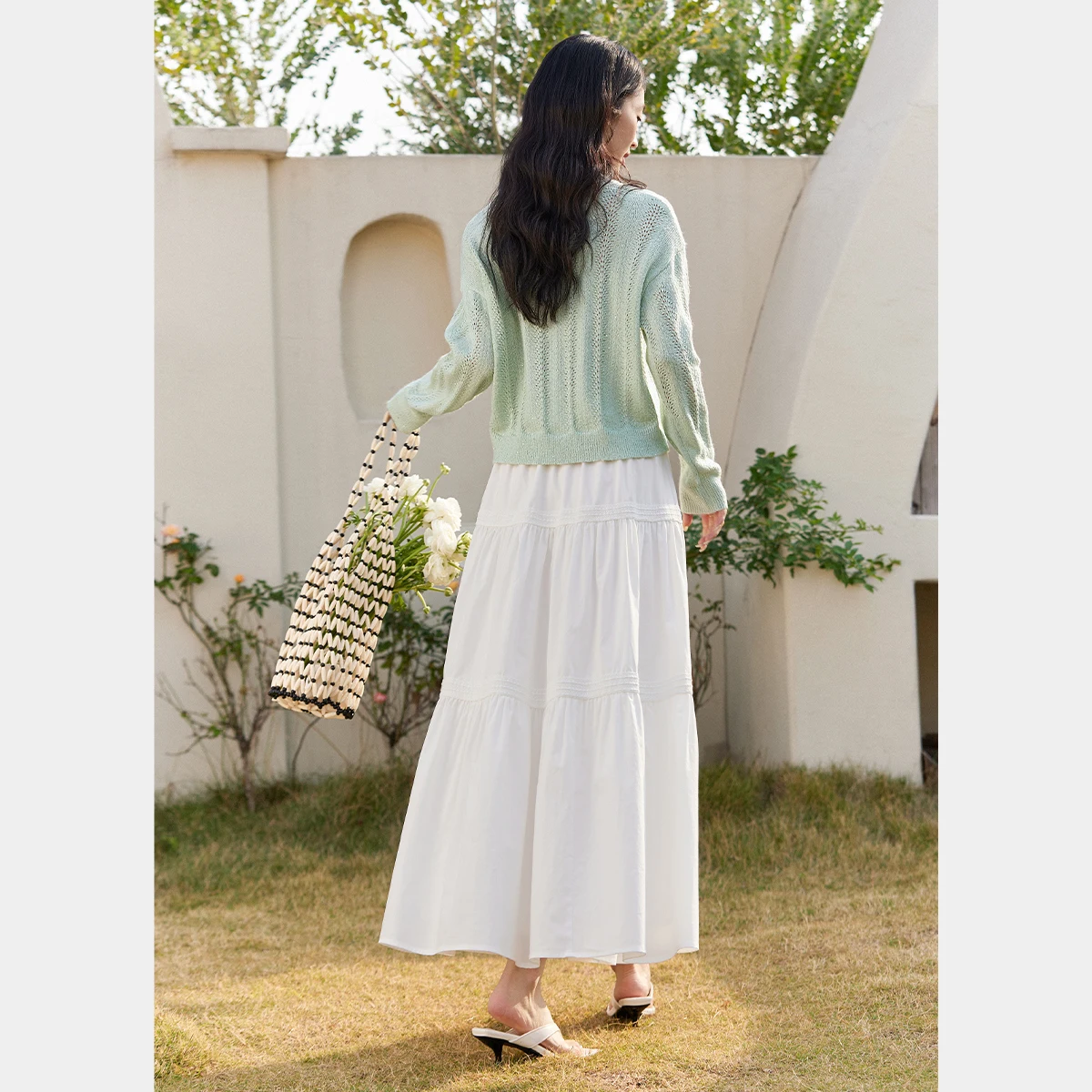 VIMLY Women's White Long Skirt 2026 Autumn Middle Waist A-line Loose Tiered Ruffle Casual Elegant Mid Length Daily Wear A0677