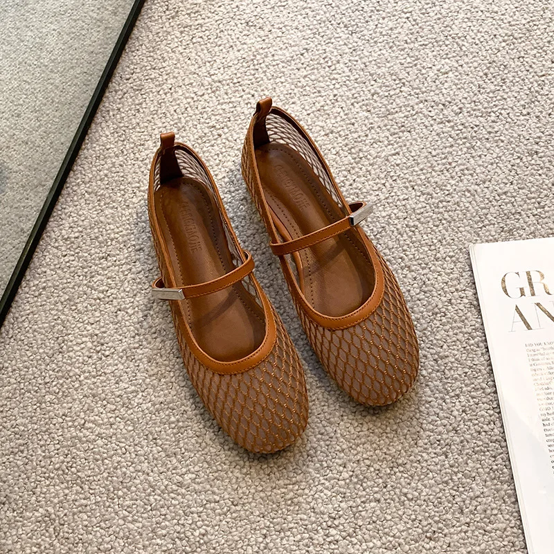 

Spring Summer 2026 New French Style Mary Jane Shoes Weaving Hollow Out Design Sandals Square Toe Buckle Strap Flats Shoes Women