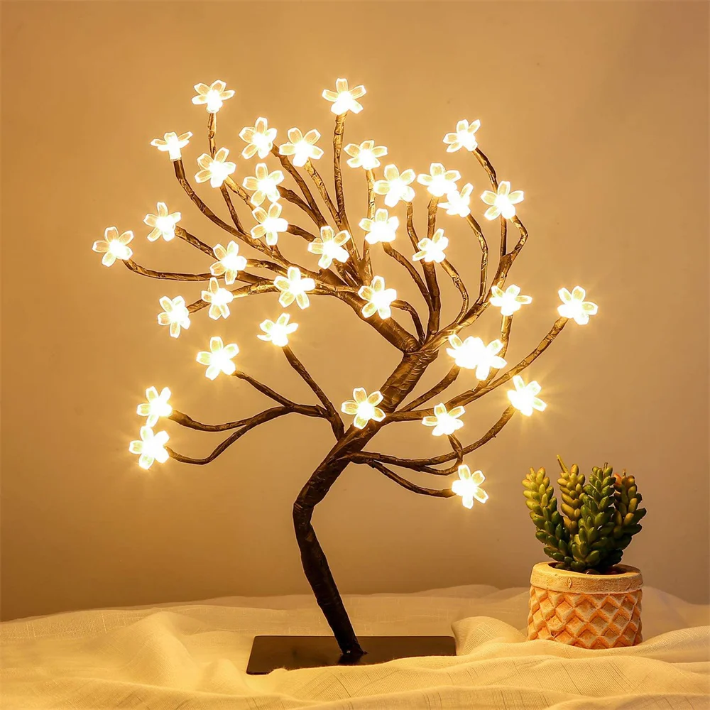 24/36/48LED Cherry Plum Blossom Tree Light Branches Table Lamp Night Light for Home Indoor Bedroom Christmas Wedding Party Decor