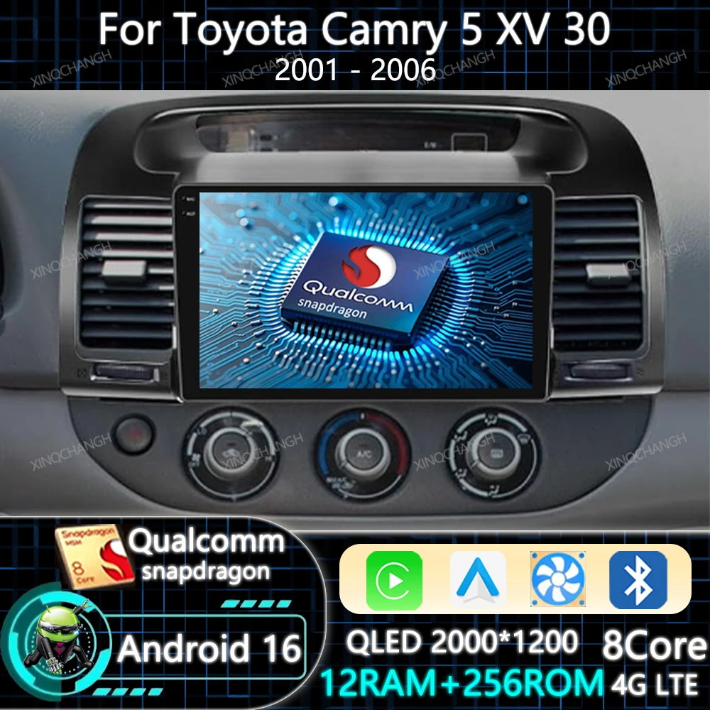 Android 16 Car Radio Carplay Auto For Toyota Camry 5 XV 30 2001 - 2006 Qualcomm GPS 4G LTE 5G WIFI QLED Navigation Head Unit BT