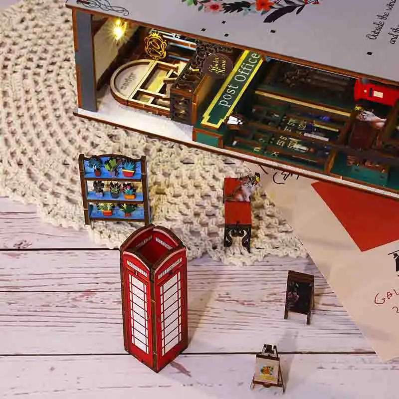 Zestaw DIY Drewniany Book Nook Wkładka do Półki Casa Miniaturowy Domek dla Lalek Wyspa Wakacje Kreatywny Zestaw do Składania Podpórka do Książek Puzzle 3D dla Dorosłych