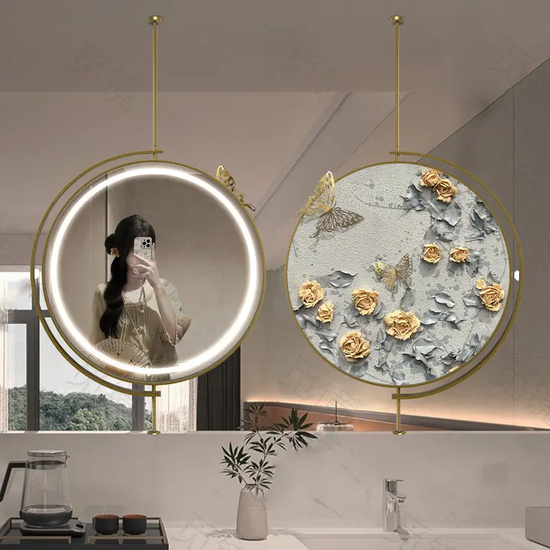 Rotatable Hanging Mirror Light Luxury Bathroom Wash Table Round Stainless Steel Dresser Hanger Intelligent Luminous Mirror