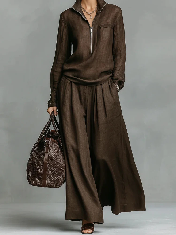 

Женская повседневная толстовка с длинным рукавом, элегантный однотонный свободный костюм из 2 предметов, модный пуловер на молнии с лацканами и длинные брюки