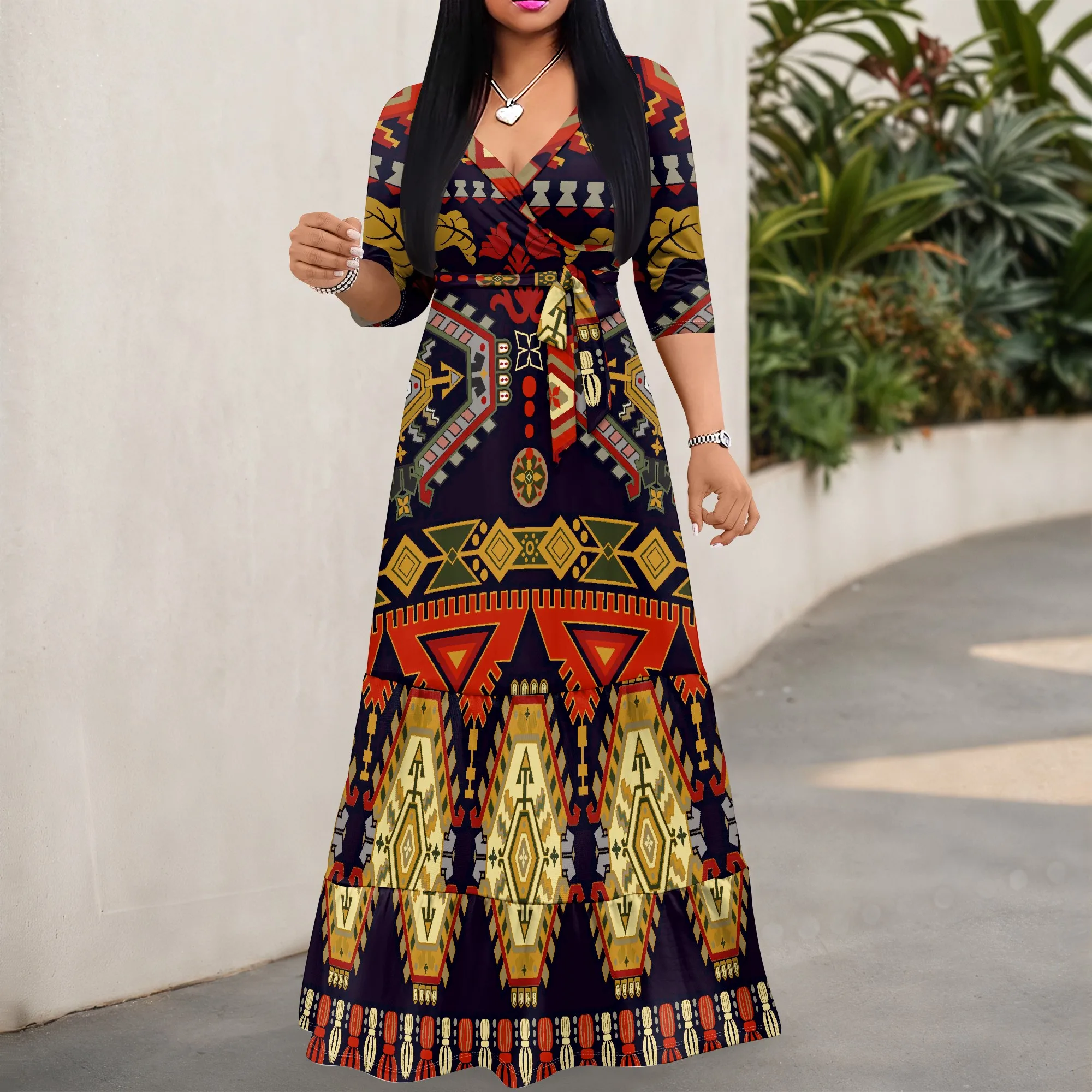 Vestido feminino com cinto de manga comprida, vestido elegante estampado estilo retrô com bainha de três camadas e bolso.