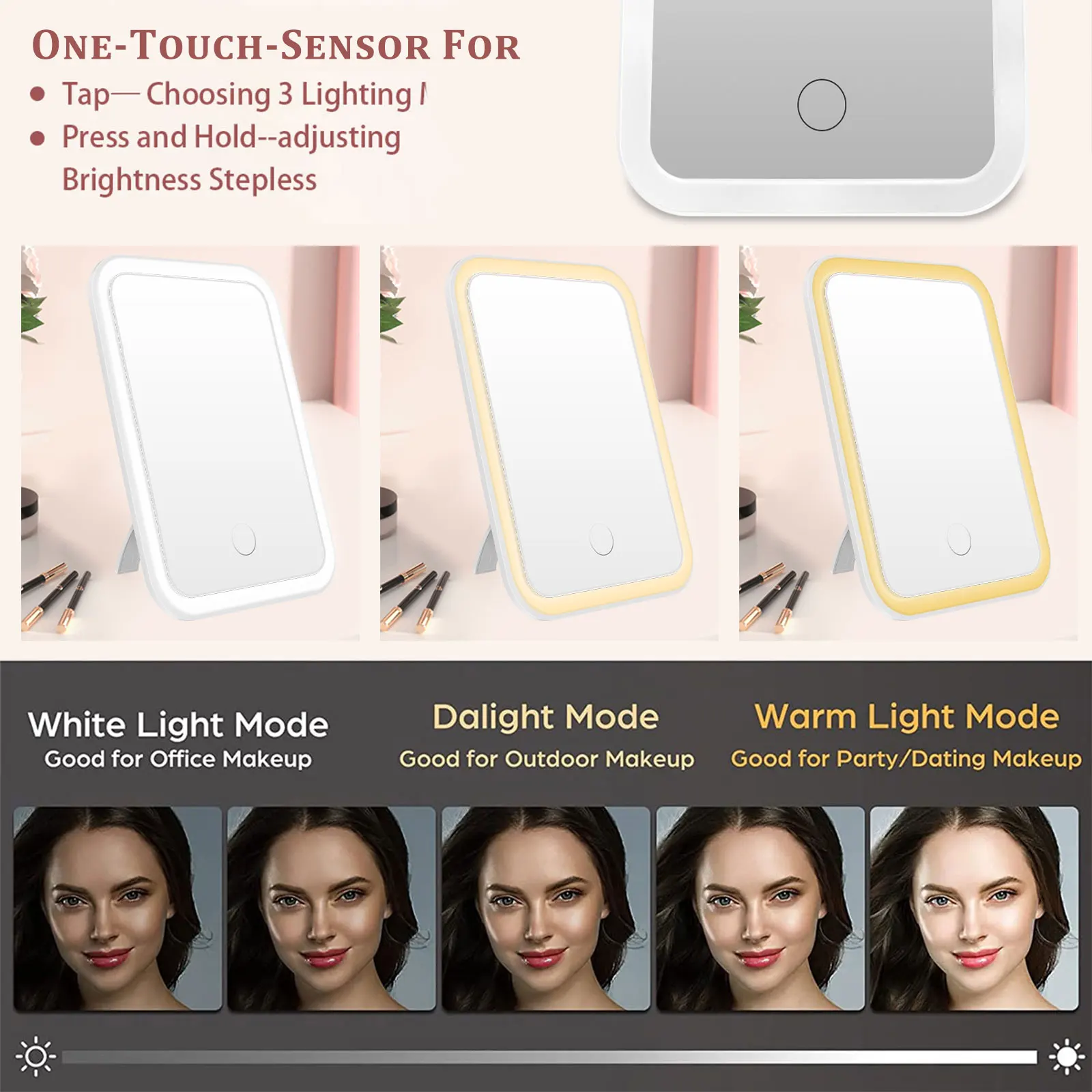 Portable Vanity Lamp LED Cosmetic Mirrors Lighted Touch Screen Makeup Mirror with Stand Usb Rechargeable Portable Design