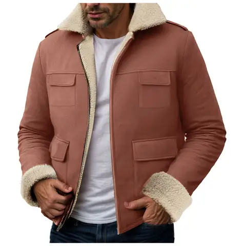 Suede Jacket For Men Vintage Patchwork Pocket Plush Outdoor Western Jackets For Men Winter Warm Thickened Solid Color Jacket