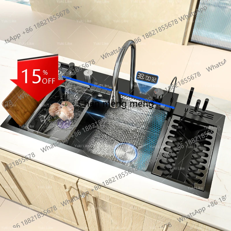 

A139 New Stainless Steel Waterfall Kitchen Sink With Draining Rack Embossed Extra Large Single Slot Digital Display Dishwashing