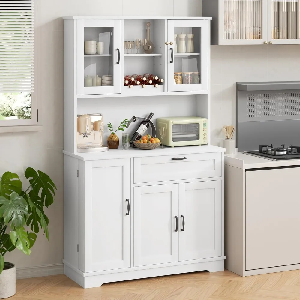 خزانة تخزين مخزن المطبخ، خزانة بوفيه قائمة بذاتها مع حامل ميكروويف و4 أرفف أبواب، خزانة مطبخ مع أبواب، إعلان