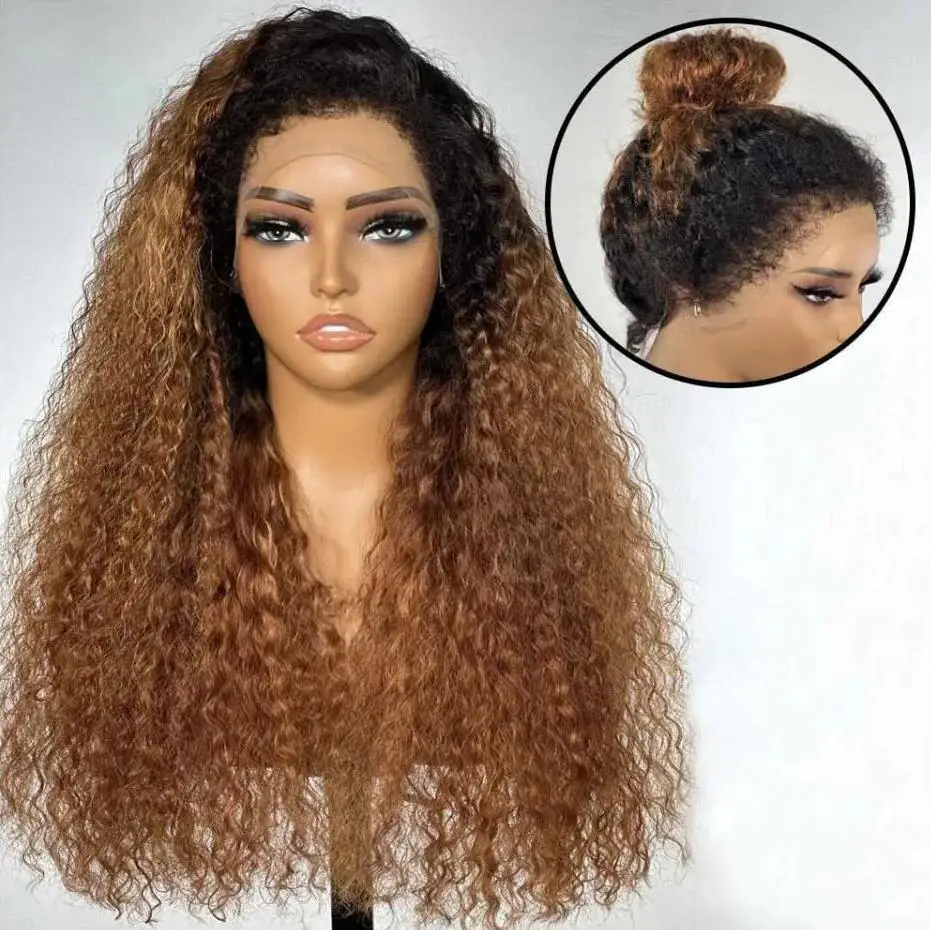 

Ombre Brown Blonde Kinky Curly Natural PrePlucked 26" 180 Density Lace Front Wig For Black Women With Baby Hair Lace Frontal Wig