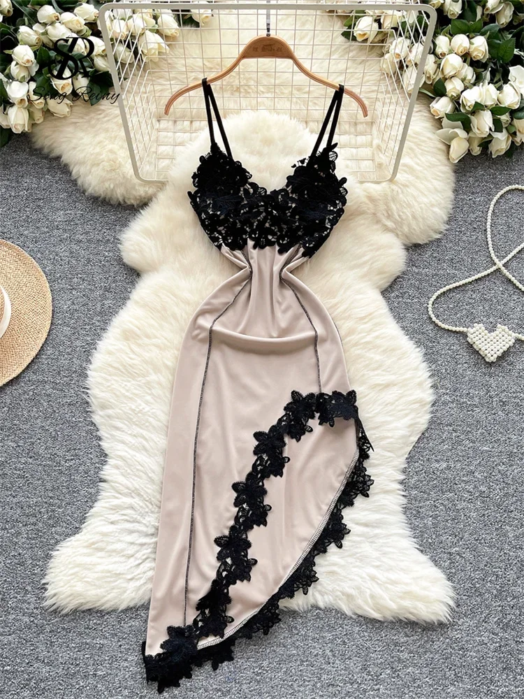 

SINGREINY France Sexy Party Dress Women Lace Splice V Neck Backless Irregular Slim Sundress 2025 Ladies Elegant Evening Dress