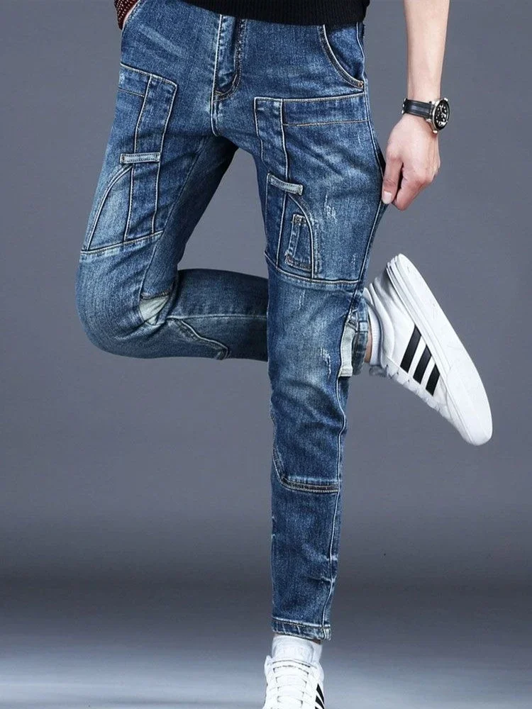 

Мужские облегающие джинсы с карманами, брюки в корейском стиле, роскошные модные трендовые мужские ковбойские брюки 2024, Kpop