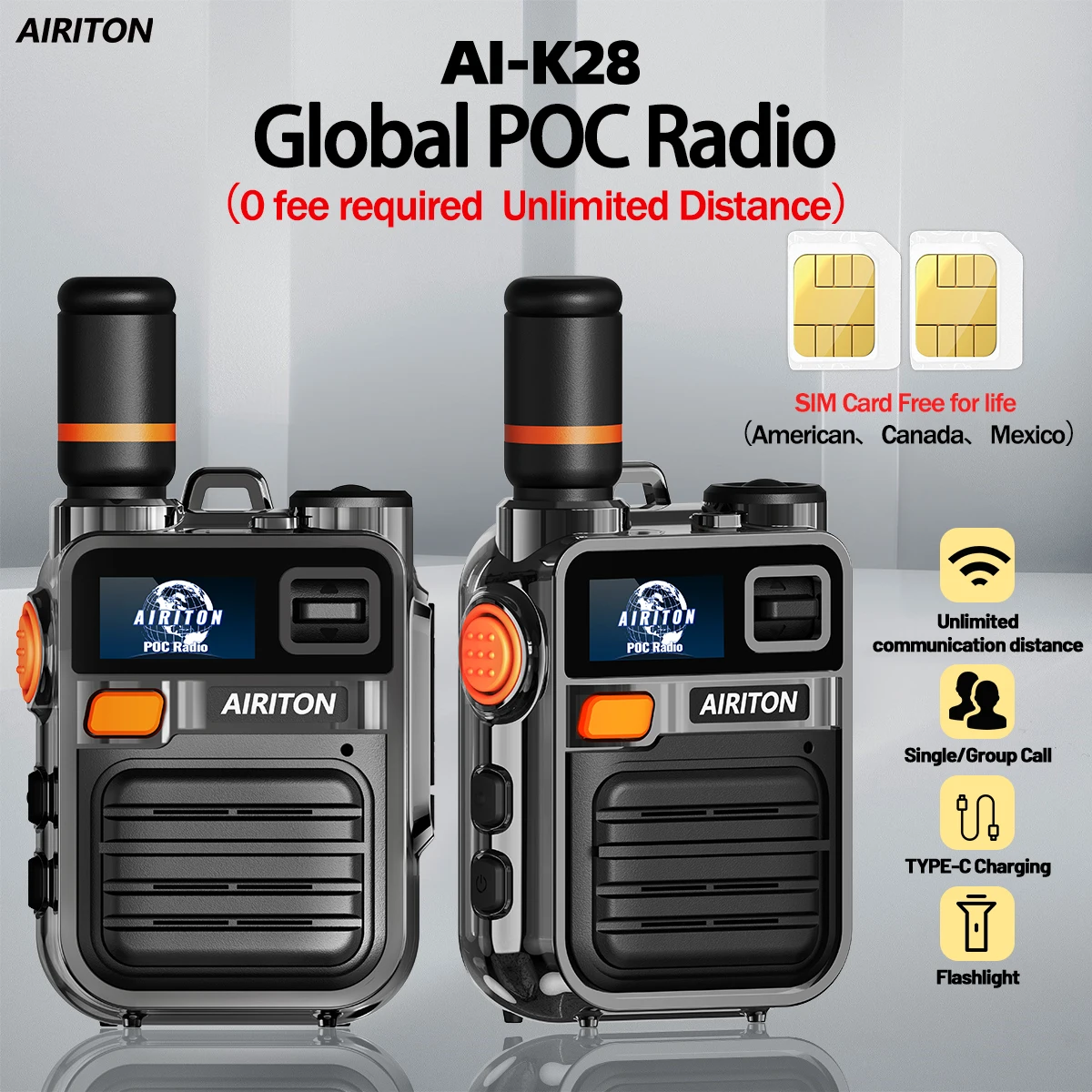 AIRITON AI-K28 4G POC Walkie Talkie Global Unlimited Range Two Way Radio Sim Card Group Call No Monthly Fee for Construction