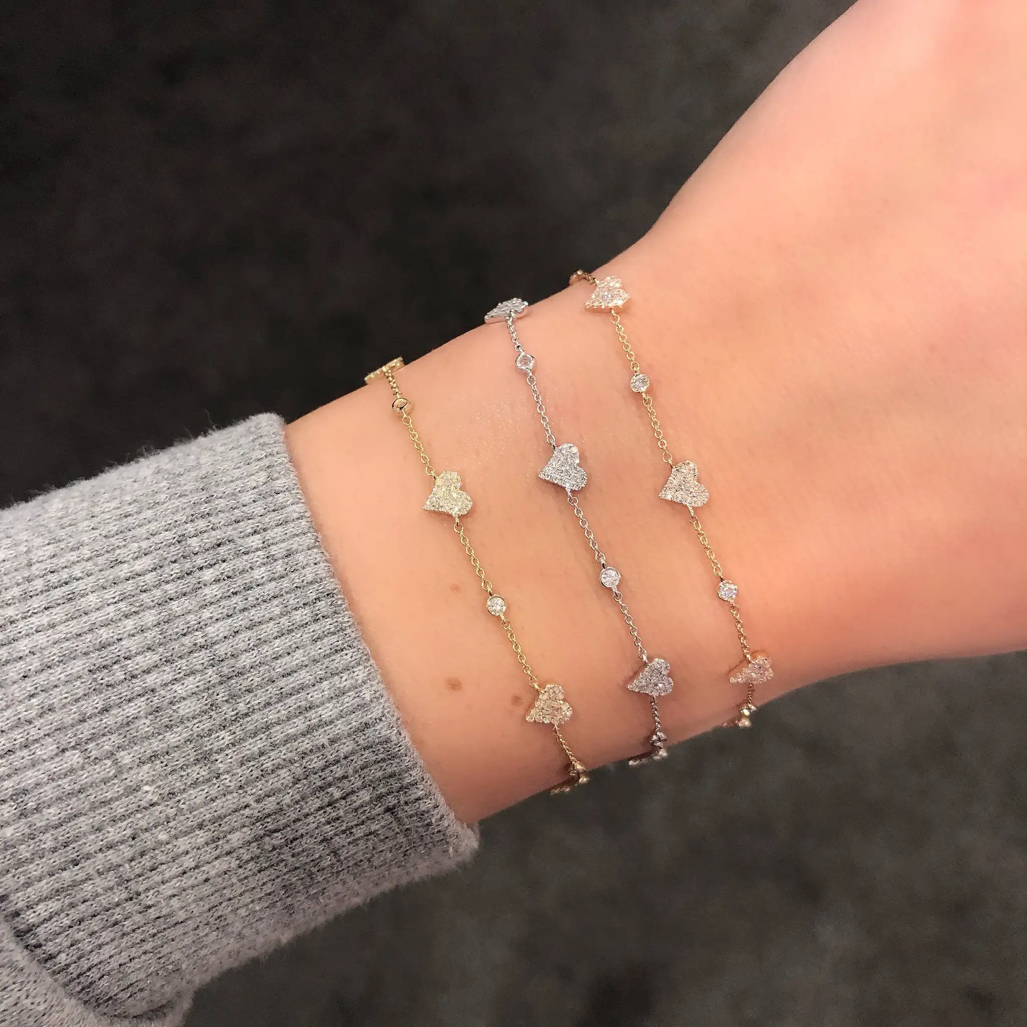 Cute Lovely CZ Station Link Chain Jewelry 3 Color Sparking 5A Cubic Zirconia Heart Charm Bracelet