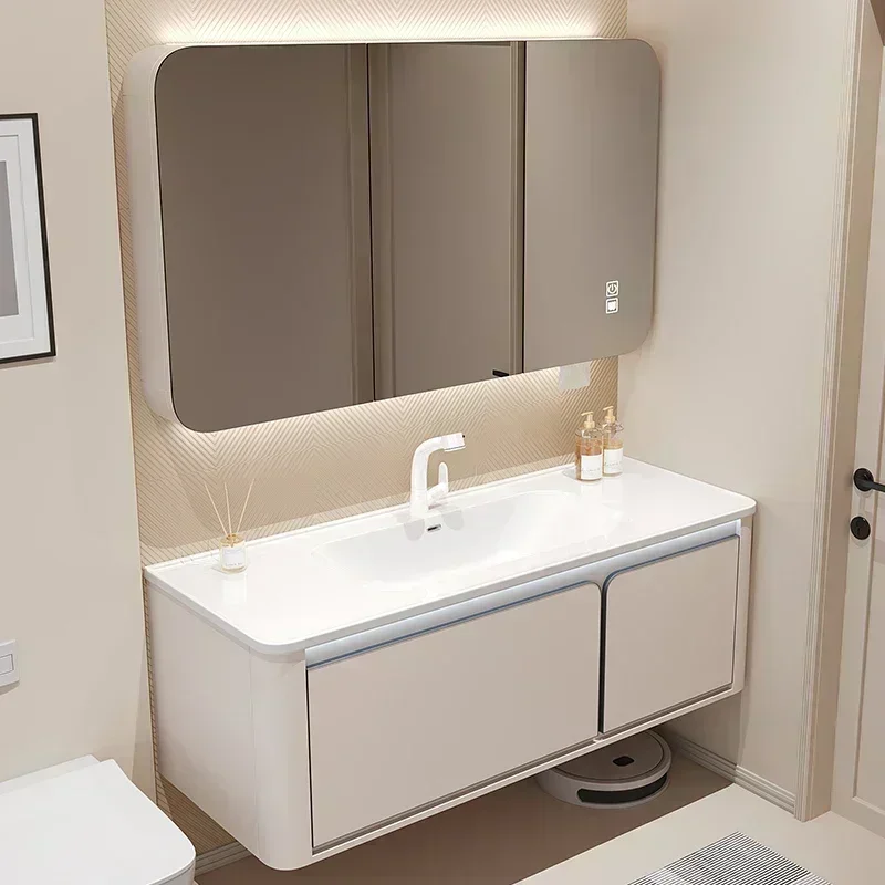 Cream ceramic integrated basin, bathroom cabinet combination, solid wood bathroom, washbasin