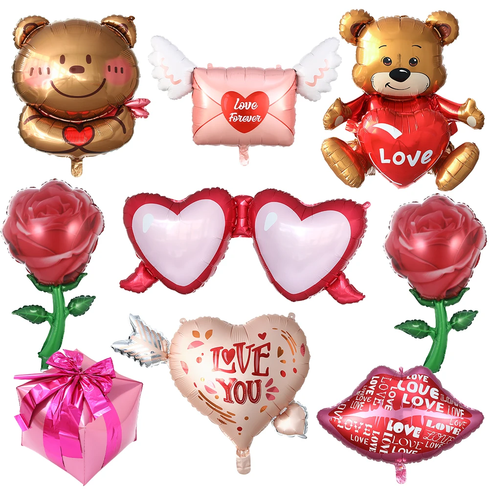 

Valentine's Day Love Bear Red Rose Pink Gift Box Love Glasses Red Lip Foil Balloon Wedding Engagement Proposal Party Decoration