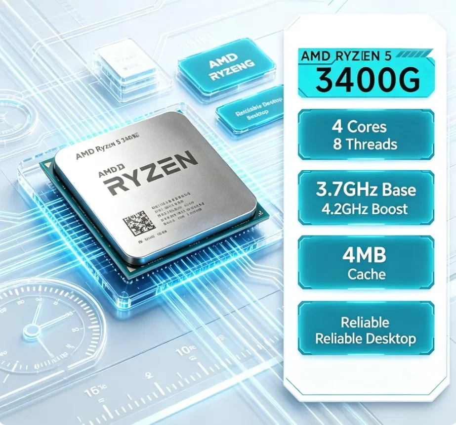 AMD R5 3400G APU 4 Cores 8 Threads 4.2GHz Boost 12nm AM4 Socket Light Editing Entertainment Desktop Processor No Fan
