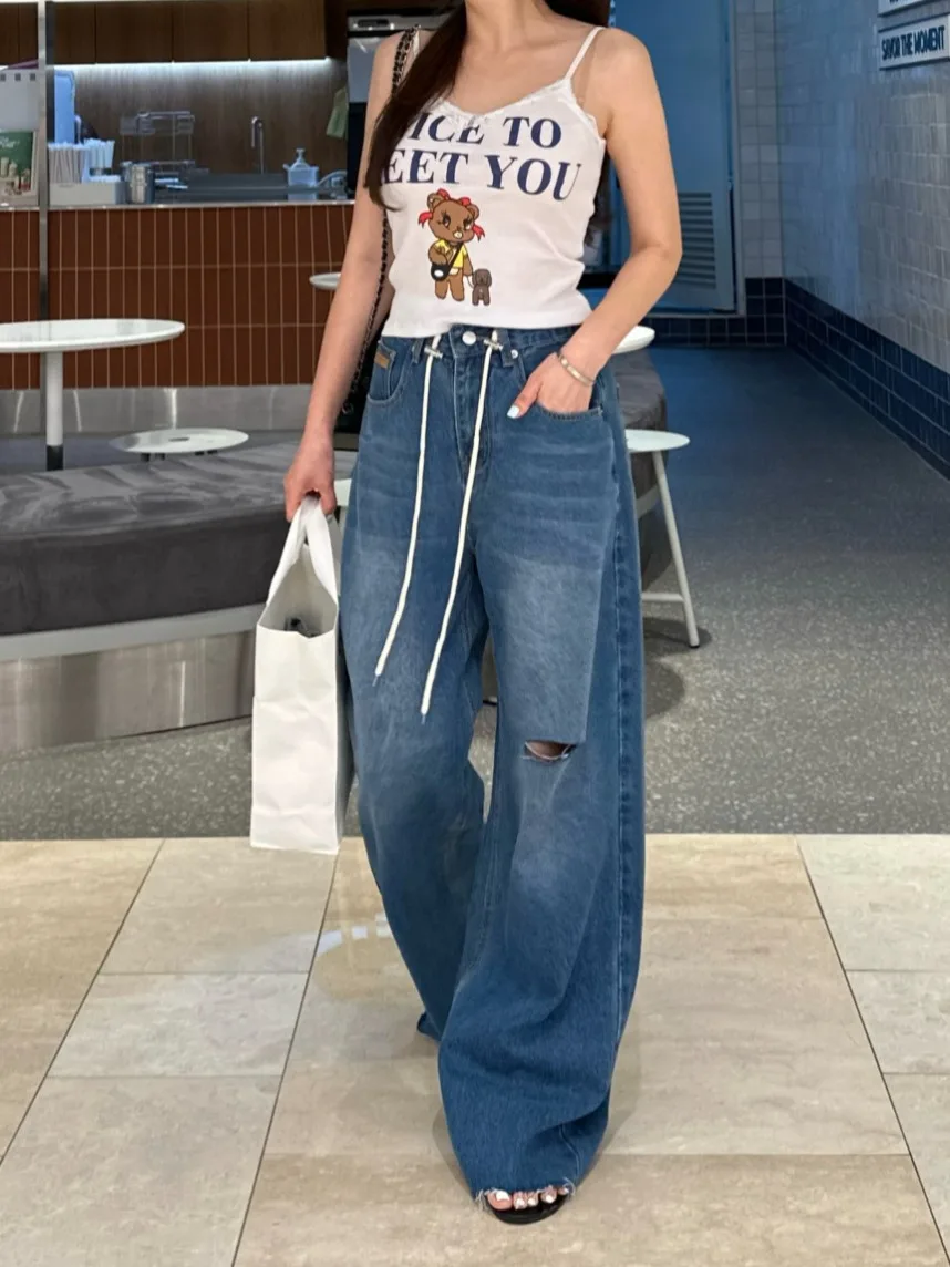 

Ретро джинсы с эффектом потертости и рваными элементами, женские, с завязками на талии, прямые, свободные, с прямым низом, длинные брюки, модные, в уличном стиле