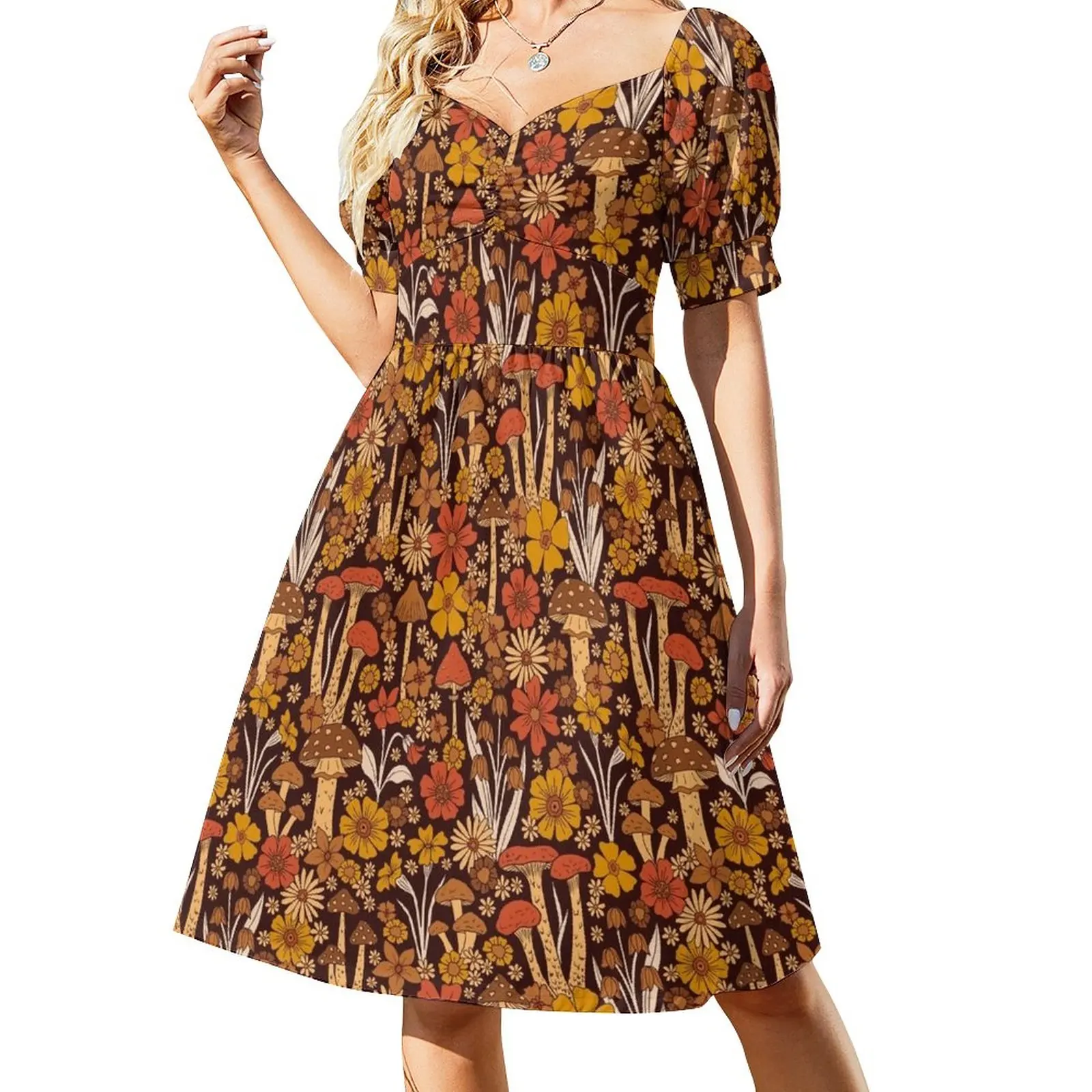 

Retro 1970s Brown & Orange Mushrooms & Flowers Sleeveless Dress Dress vintage Womens dresses