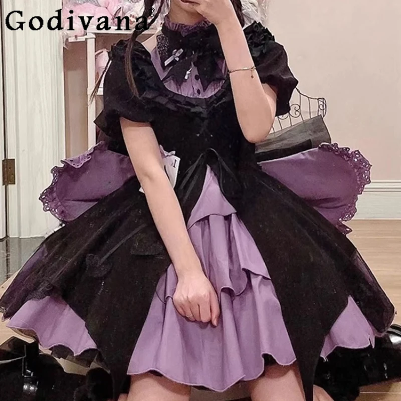 Girl New Year's Greeting Lolita Dress Black Cosplay Purple Fluffy Princess Dress Women's Short Sleeve Elegant Bow Dress