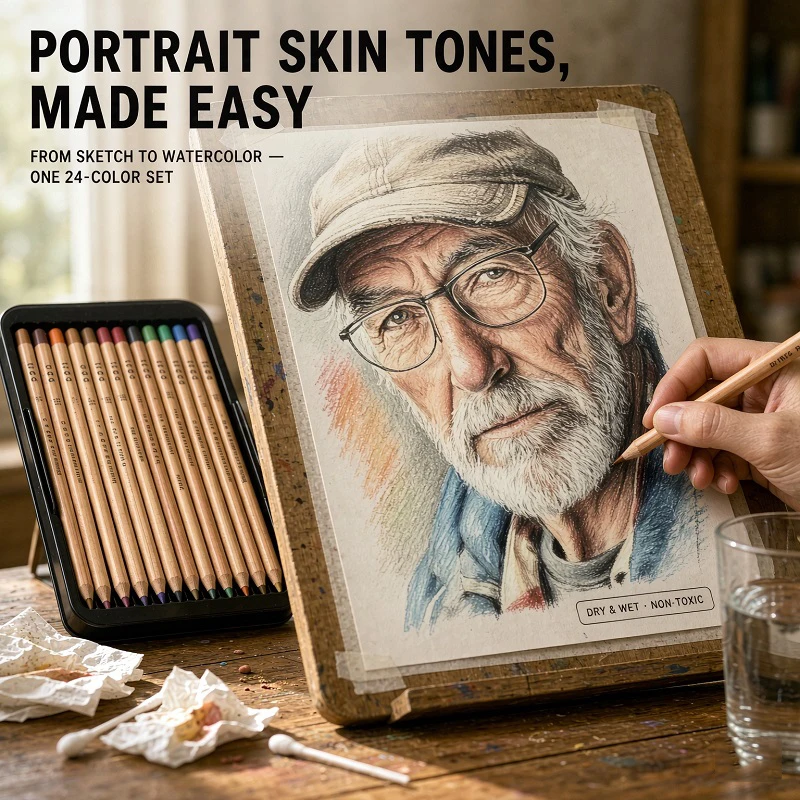 H&B 24 Portrait Pastel Pencils,Pre-sharpened Highly Pigmented Skin Tone Set For Dry&Wet Use Ideal For Artists,Beginners,Drawing