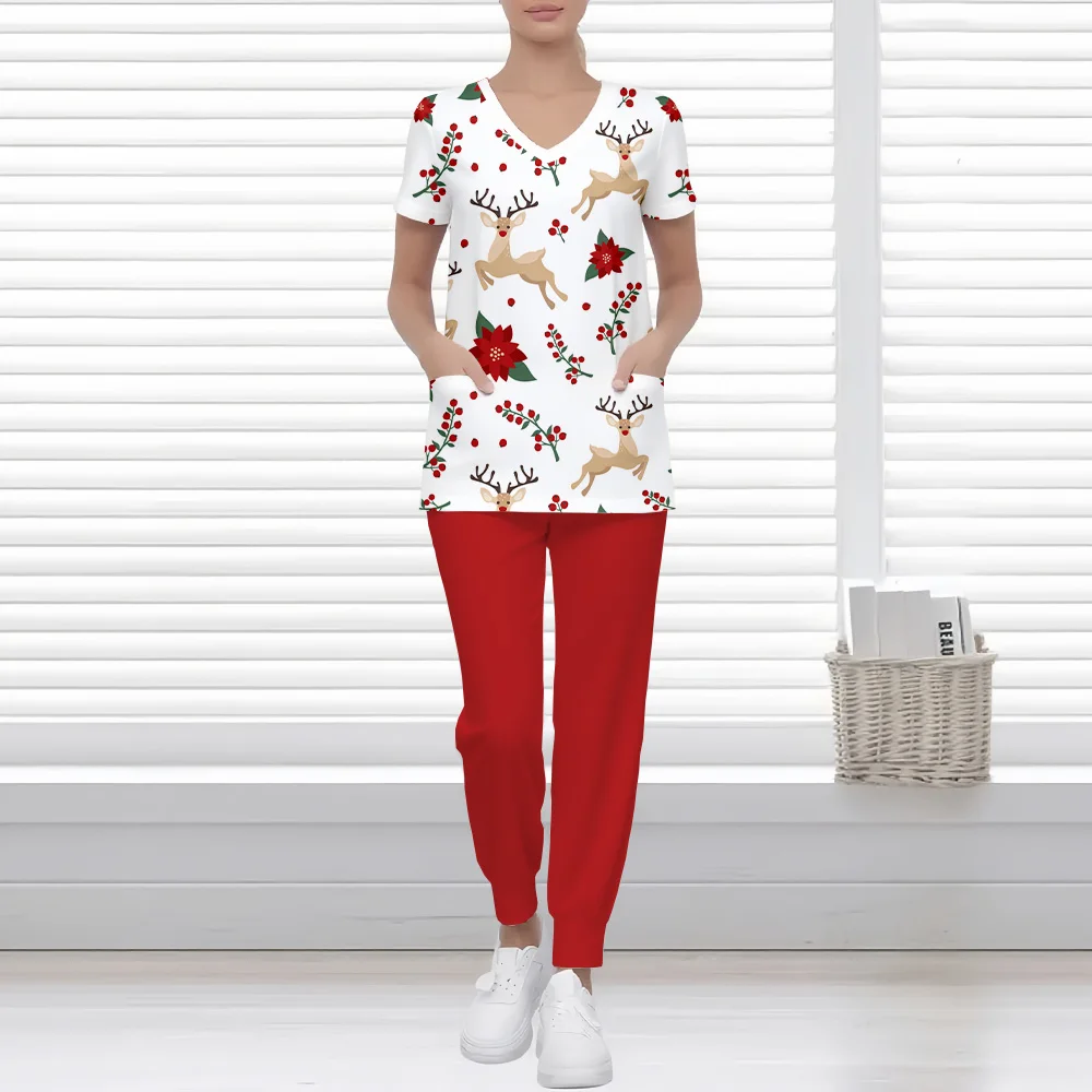 

Women's Medical Uniforms Christmas Snowman Pattern Print Dentist Uniform Set Fashion Surgical Uniforms Woman Short Sleeve Set
