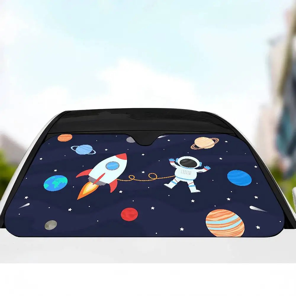 Rocket Astronaut Planets Stars Pattern Foldable Front Windshield Sunshade 70x130cm Anime Cartoon Foils Car Sun Shade Protect
