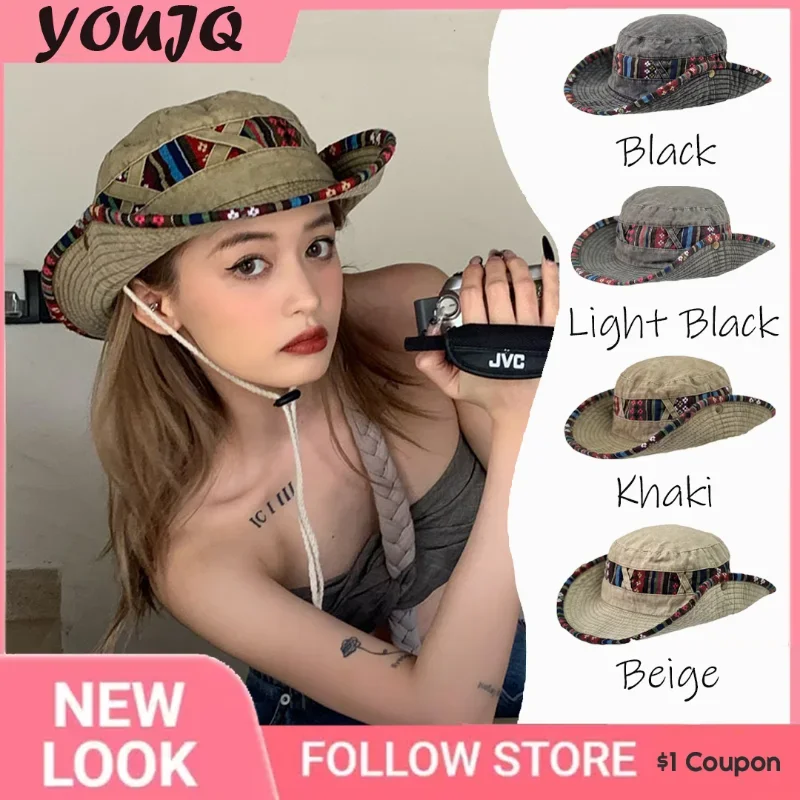 

Y2k Niche Design Babes Cowboy Hat Old Washed Vintage Knight Hat Flower Embroidery Summer Outdoor Sunscreen Bucket Hat