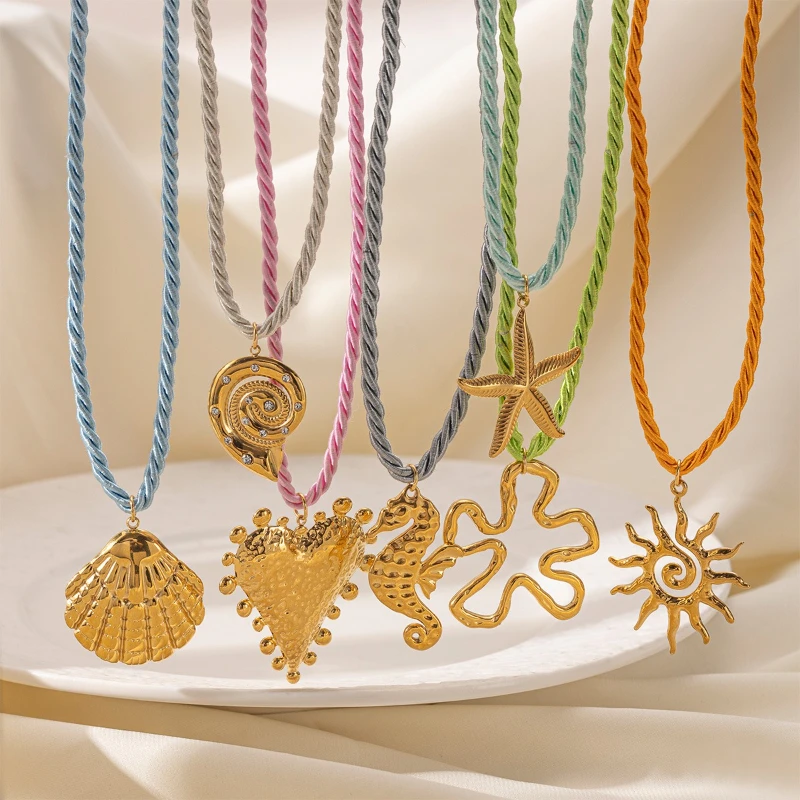 PRISCA | Colorful Rope Shell Pendant Necklace Stainless Steel Women Summer Chic Jewelry 18k Gold Stylish Wholesale