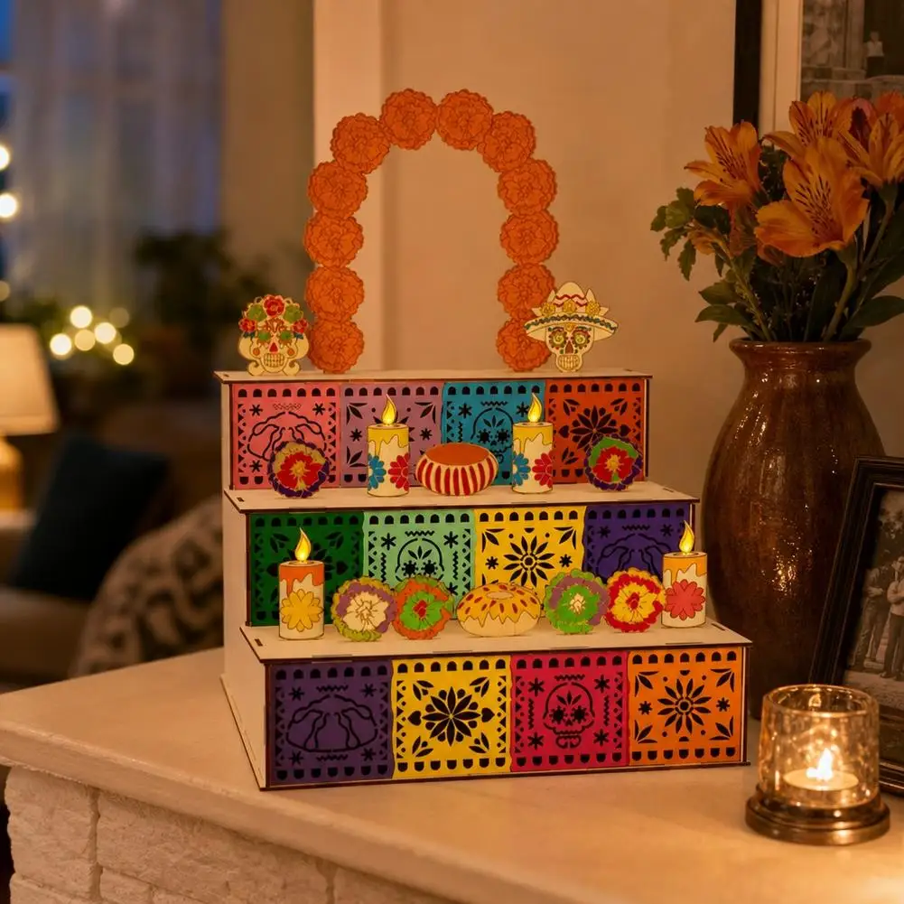 Unique Mexican Wooden Altar Box Wooden Day of the Dead Altar Shrine Tiered Decor with Photo Frames Arch Skull Memorial Ornament