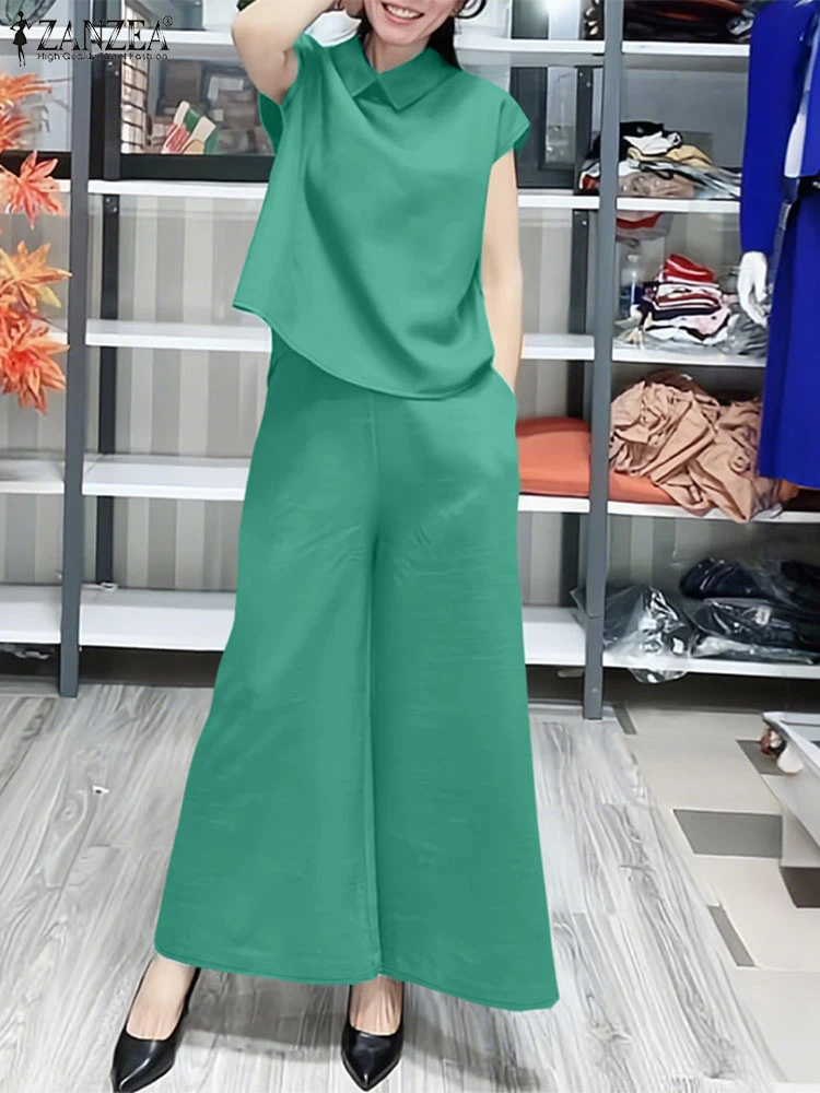 

ZANZEA Short Cap Sleeve Lapel Blouses Fashion Two Piece Outfits Casual Commute Wide Leg Pants Woman Pant Sets Solid 2 Piece Sets