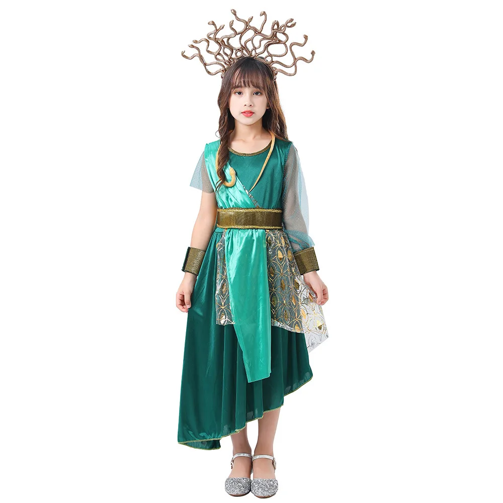 

Kids Girls Ancient Greek Mythology Snake Green Dress Halloween Cosplay Costumes Party Role Playing Dress Up Outfit