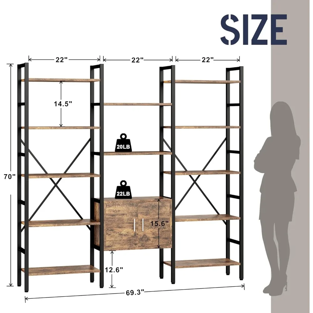 Triple 5 Tier Book Shelf, Industrial Large Bookcase with Storage Cabinet,Tall Bookshelf with 14 Open Display Shelves Metal Frame