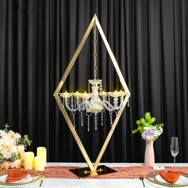 Luxury Wedding Gold Metal Tall Diamond Table Centerpieces with Candle Holder for Wedding Backdrop Arch Stage Decor