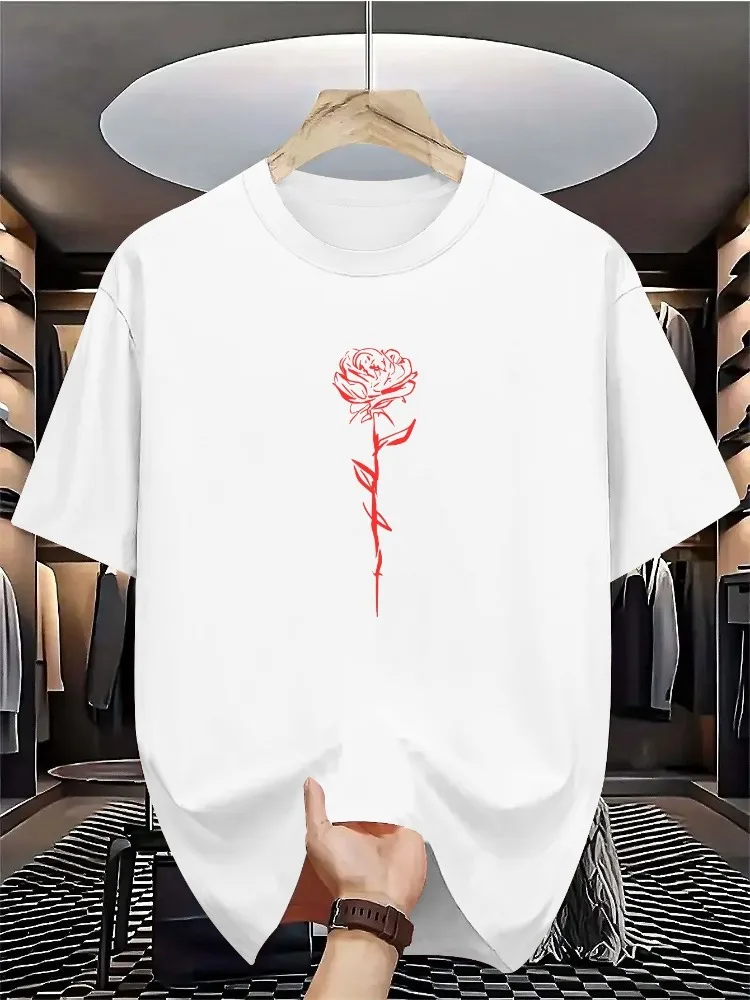 Men Summer White Short Sleeve T Shirt Minimal Red Line Art Rose Graphic Crew Neck Loose Casual Streetwear Daily Fashio Mens Tops