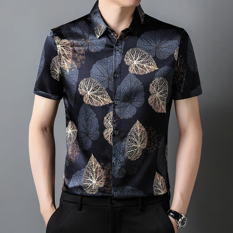 

3D Leaves Print Real Silk Men Shirt Short Sleeve Premium Casual Summer Quality Soft Comfortable High-End Gentleman Chemise Homme