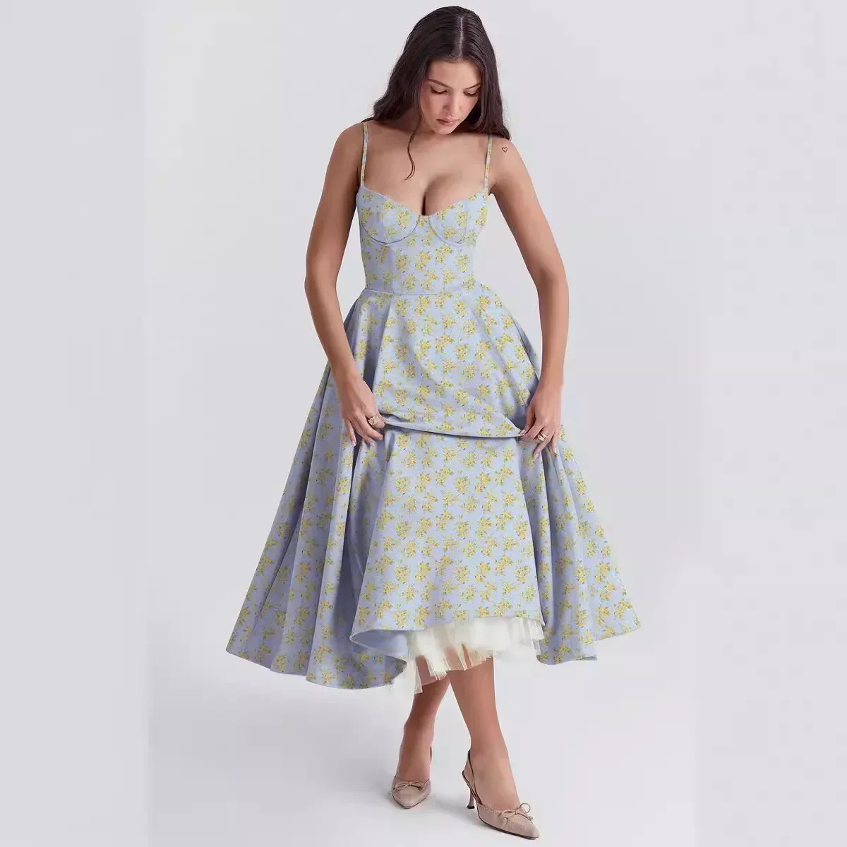 Robe maxi longue à bretelles en fibre pour femme, taille haute, fleur florale, mode sexy, longueur de rinçage