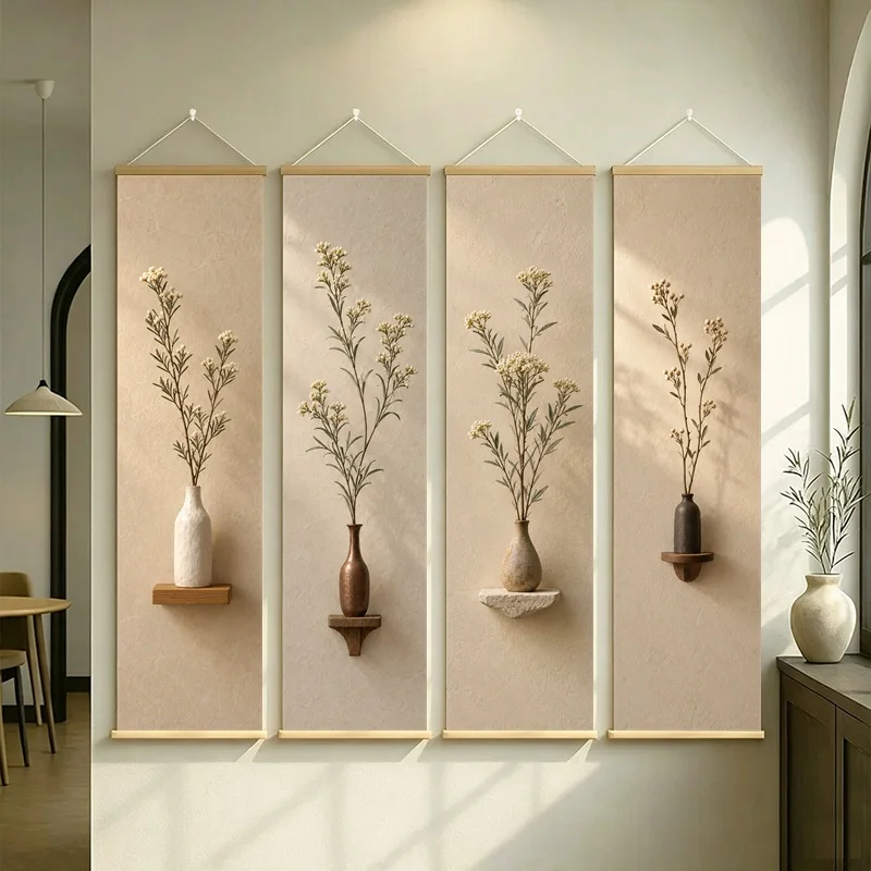 Wildflower Wall Art 4-Panel Neutral Branch Vase Hanging Scroll Set on Cream Silver Shimmer Canvas for Cozy Bedroom Home Decor