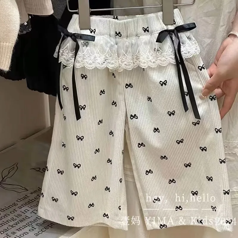 KIDCRKJ Lace Spring Baby Girl Bow Pant Loose  Spliced Print Bow Straight Pant For Little Girl Loose Children Girl Wide Leg Pants