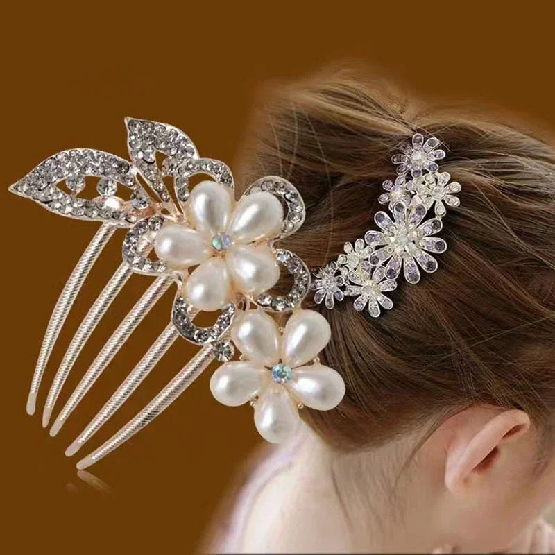 Elegant Pearl Hair Comb Clip Hairpin Women Luxury Crystal Bun Decoration Wedding Bridal Hair Claw Clips Hair Jewelry Accessories